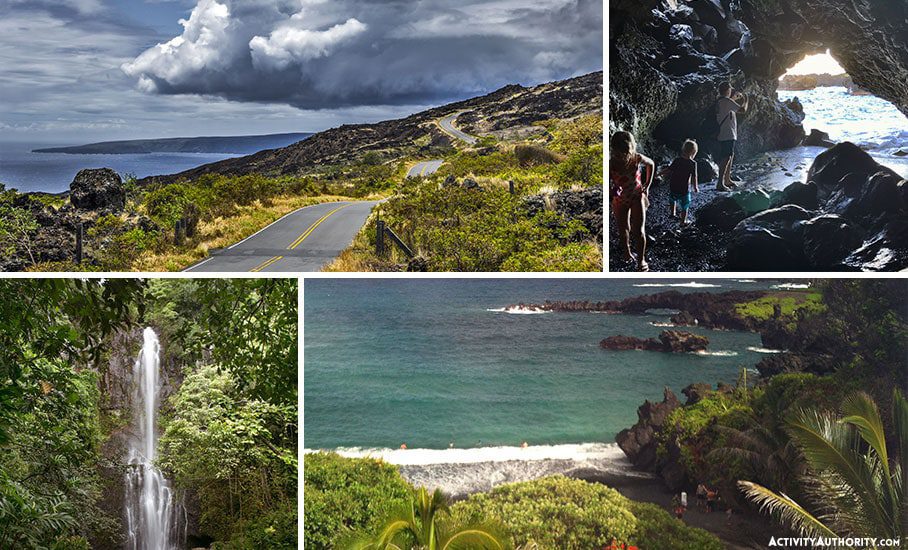 Black sand beach cave and lava tubes